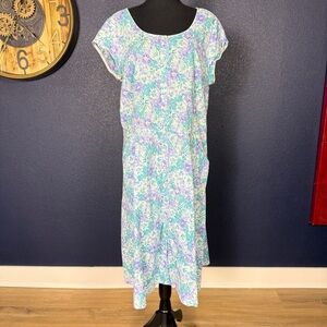 Lanz of Salzburg Blue & Purple Cotton Nightgown Mumu, Size XL
